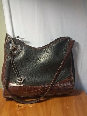 Brighton Vintage Brown & Black Leather Shoulder Bag with Heart Accent